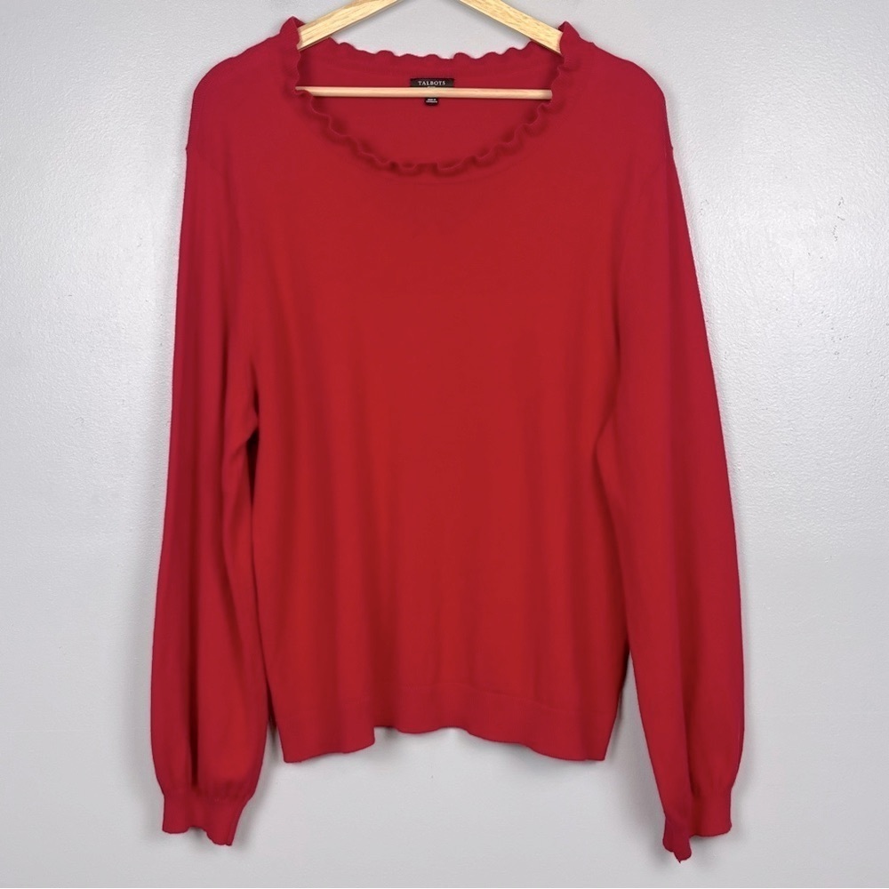 Talbots red cotton nylon wool blend ruffle neck knit pullover sweater, XLP.